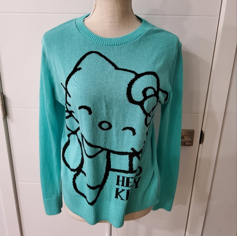 Hello Kitty by Sanri Tiffany Blue Crew Neck Sweater with Cartoon Design Size XL